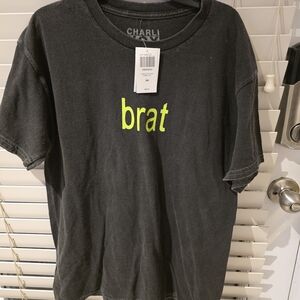 Hot Topic Black Short Sleeve Tee with Neon Yellow "brat" Print